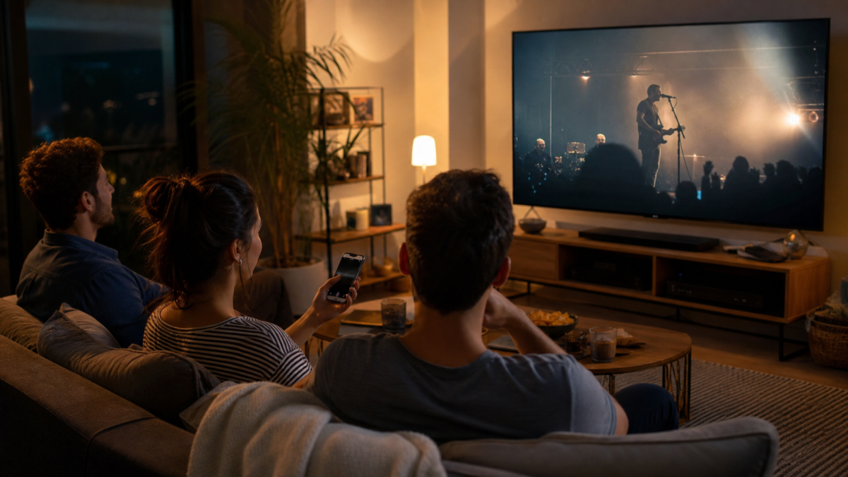 Tres personas miran un concierto en una televisión conectada mientras una usa un teléfono como segunda pantalla