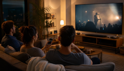 Tres personas miran un concierto en una televisión conectada mientras una usa un teléfono como segunda pantalla