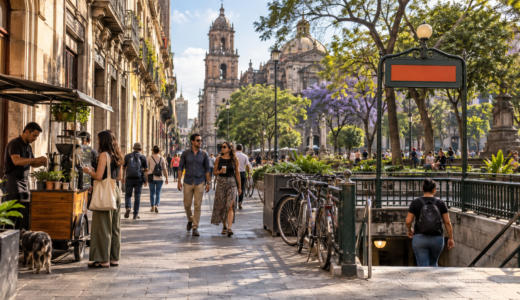 Personas caminando por una calle arbolada de la Ciudad de México con edificios históricos y transporte público al fondo.