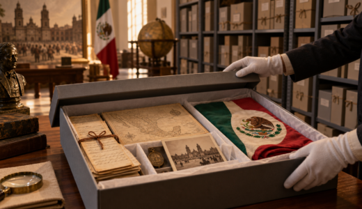 Mesa de archivo con cartas, fotografías antiguas, mapas y una bandera mexicana en un espacio cultural durante el mes patrio.