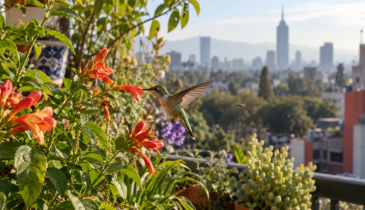 Colibrí alimentándose de flores en un jardín urbano con edificios de la ciudad desenfocados al fondo.