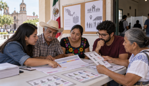 Ciudadana revisando información electoral en una mesa con credencial, calendario y documentos de votación.