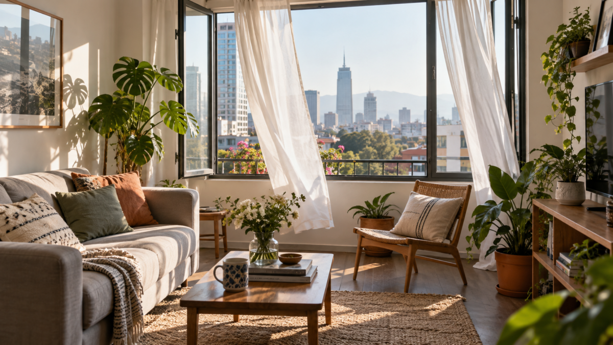 Sala de un departamento de la CDMX con ventanas abiertas, cortinas ligeras y luz natural entrando para renovar el aire.