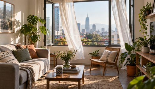 Sala de un departamento de la CDMX con ventanas abiertas, cortinas ligeras y luz natural entrando para renovar el aire.