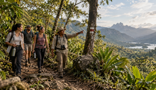 Senderistas avanzando por un bosque mexicano en una ruta señalizada, con guía local y paisaje natural al fondo.