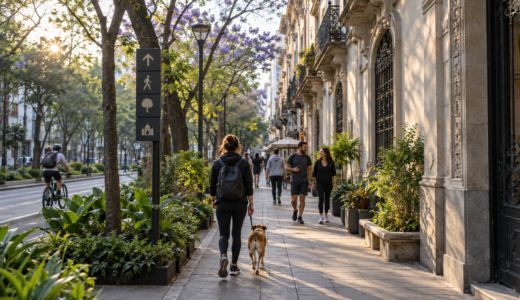 Personas caminando por una calle arbolada de la Ciudad de México con fachadas históricas y comercios de barrio.