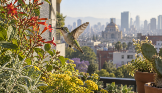 Balcón urbano con plantas de flores tubulares y un colibrí alimentándose en la Ciudad de México.