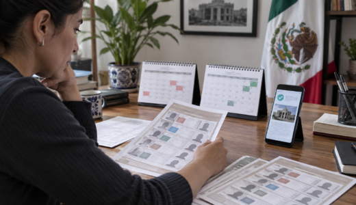Persona verificando una encuesta electoral en una laptop junto a una ficha metodológica y documentos del proceso 2027.