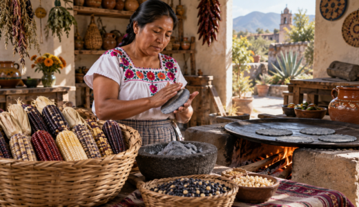 Granos de maíz criollo de varios colores junto a una cocina tradicional mexicana y utensilios de molienda.