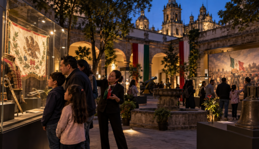 Artesana mexicana trabajando una pieza textil junto a fibras, tintes y herramientas en un taller comunitario.