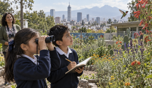 Dos colibríes en vuelo alrededor de flores de un jardín urbano con edificios de la ciudad al fondo.