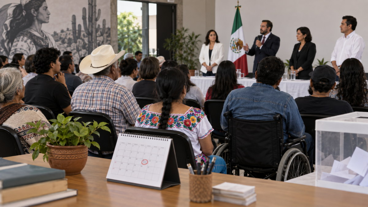 Vecinos comparando propuestas de candidaturas locales en una mesa comunitaria con documentos y mapas.