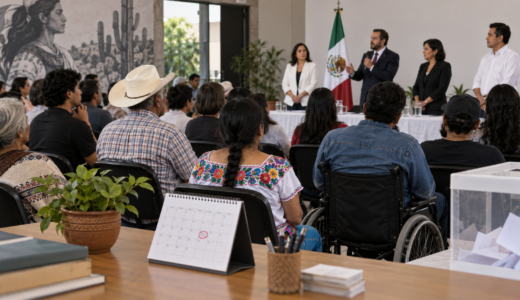 Vecinos comparando propuestas de candidaturas locales en una mesa comunitaria con documentos y mapas.