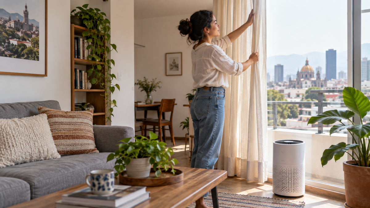 Sala de un departamento de la CDMX con muebles ligeros, espejo y cortinas translúcidas que aprovechan la luz natural.