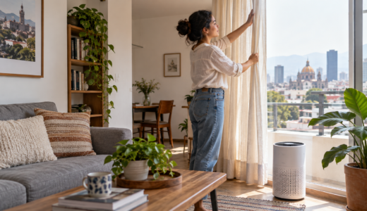 Sala de un departamento de la CDMX con muebles ligeros, espejo y cortinas translúcidas que aprovechan la luz natural.