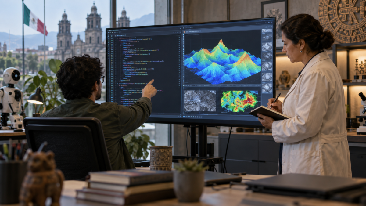 Equipo de trabajo evaluando dos modelos de IA en monitores con métricas de precisión y seguridad.