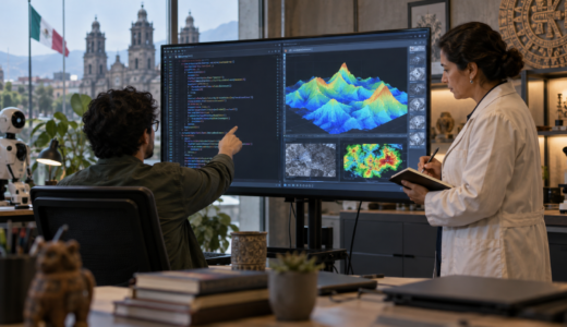 Equipo de trabajo evaluando dos modelos de IA en monitores con métricas de precisión y seguridad.