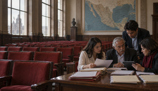 Organizadores revisan registros de afiliación en un salón político con asientos rojos y un mapa de México.