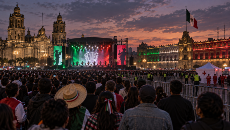 Zócalo de la Ciudad de México iluminado para el Grito de Independencia con público y escenario musical