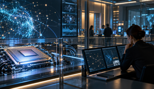 Centro de cómputo con un chip de inteligencia artificial y una analista frente a paneles de supervisión.
