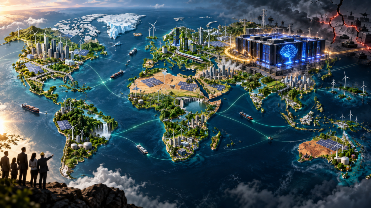 Mapa mundial que muestra infraestructura de energías limpias, centros de datos y zonas de riesgo climático.