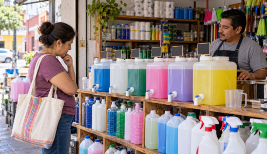 Cliente compara productos de limpieza a granel en una tienda de barrio