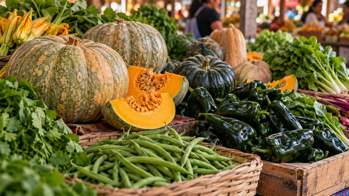 Calabazas de Castilla, chiles, ejotes y verduras de otoño en un mercado mexicano