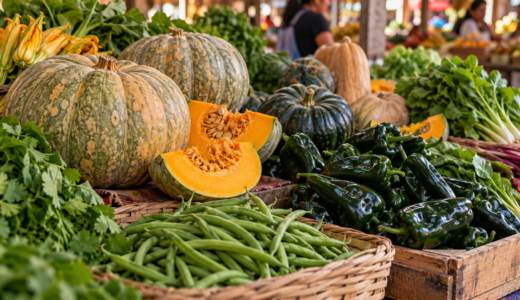 Calabazas de Castilla, chiles, ejotes y verduras de otoño en un mercado mexicano