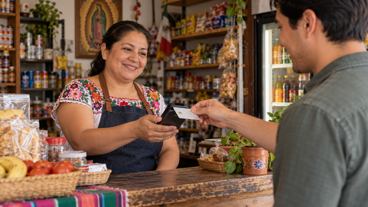 Comerciante de una tienda de barrio recibe un pago con tarjeta mediante su teléfono