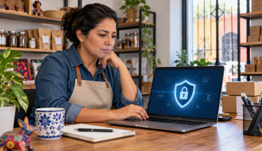 Dueña de un pequeño negocio revisa una pantalla de seguridad digital en su computadora