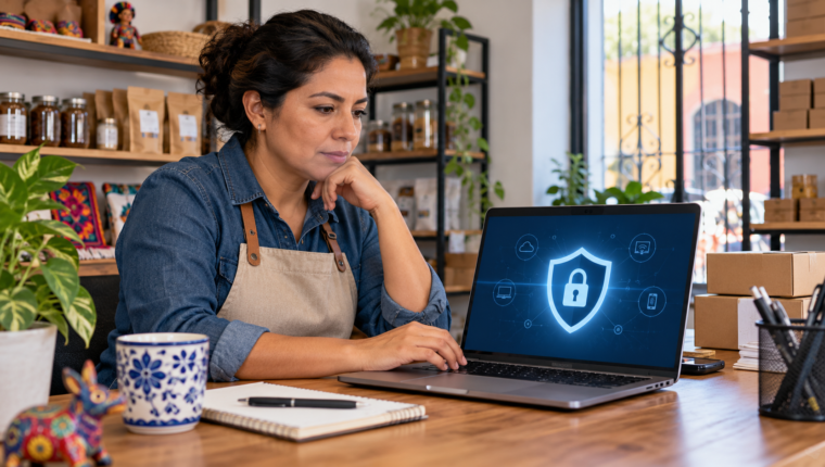 Dueña de un pequeño negocio revisa una pantalla de seguridad digital en su computadora
