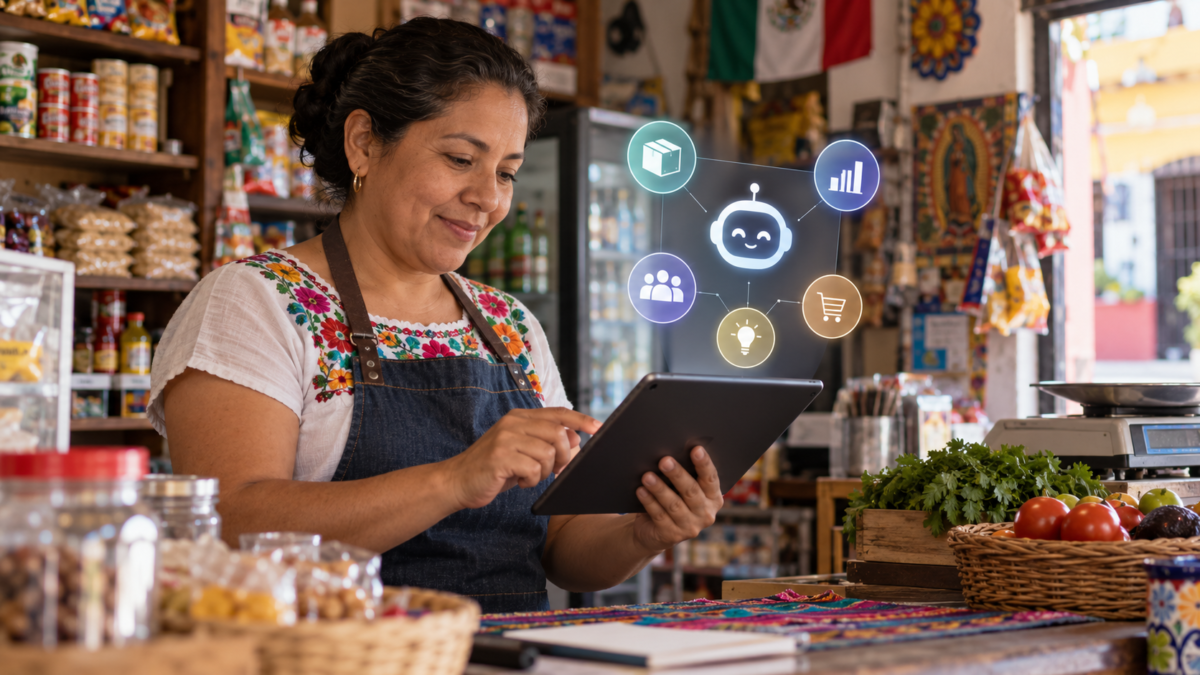 Comerciante mexicana consulta un asistente digital en una tableta dentro de su negocio