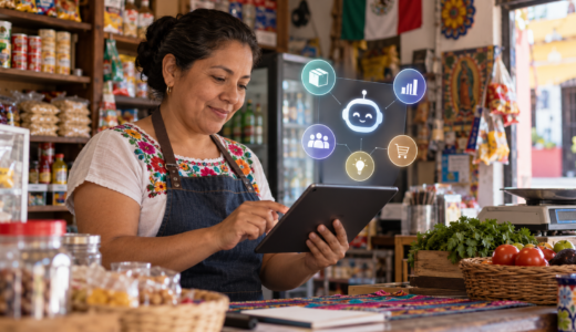 Comerciante mexicana consulta un asistente digital en una tableta dentro de su negocio