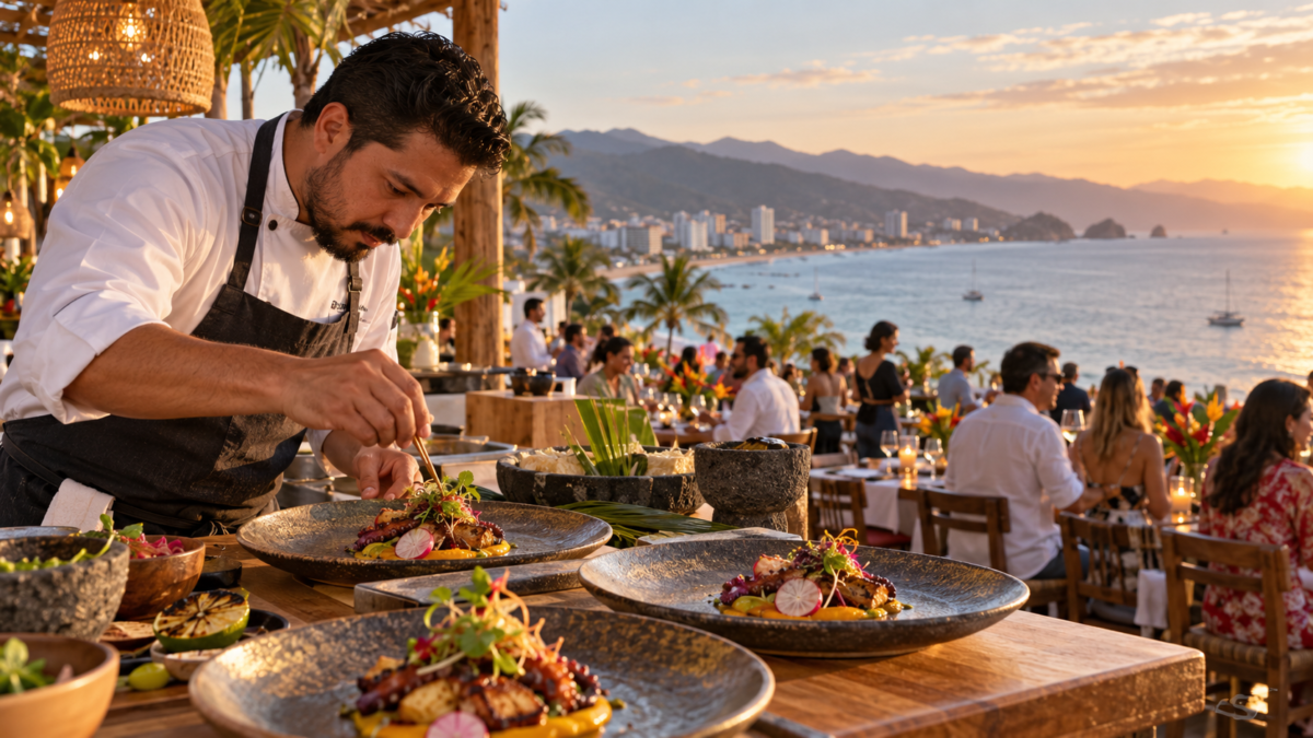 Chef presenta un platillo mexicano en un evento gastronómico junto a la costa de Puerto Vallarta