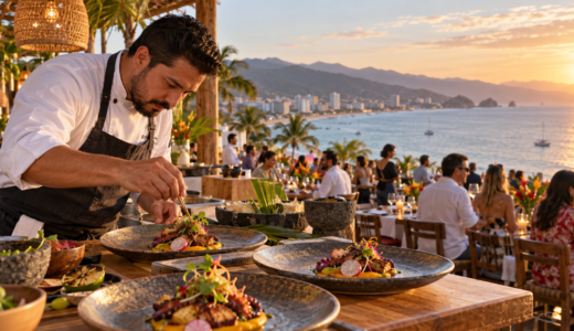 Chef presenta un platillo mexicano en un evento gastronómico junto a la costa de Puerto Vallarta
