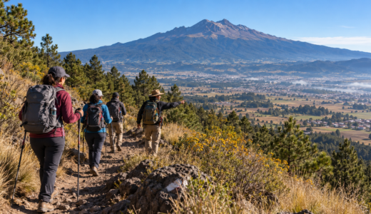 Excursionistas recorren un sendero de montaña cerca de Huamantla con una guía local