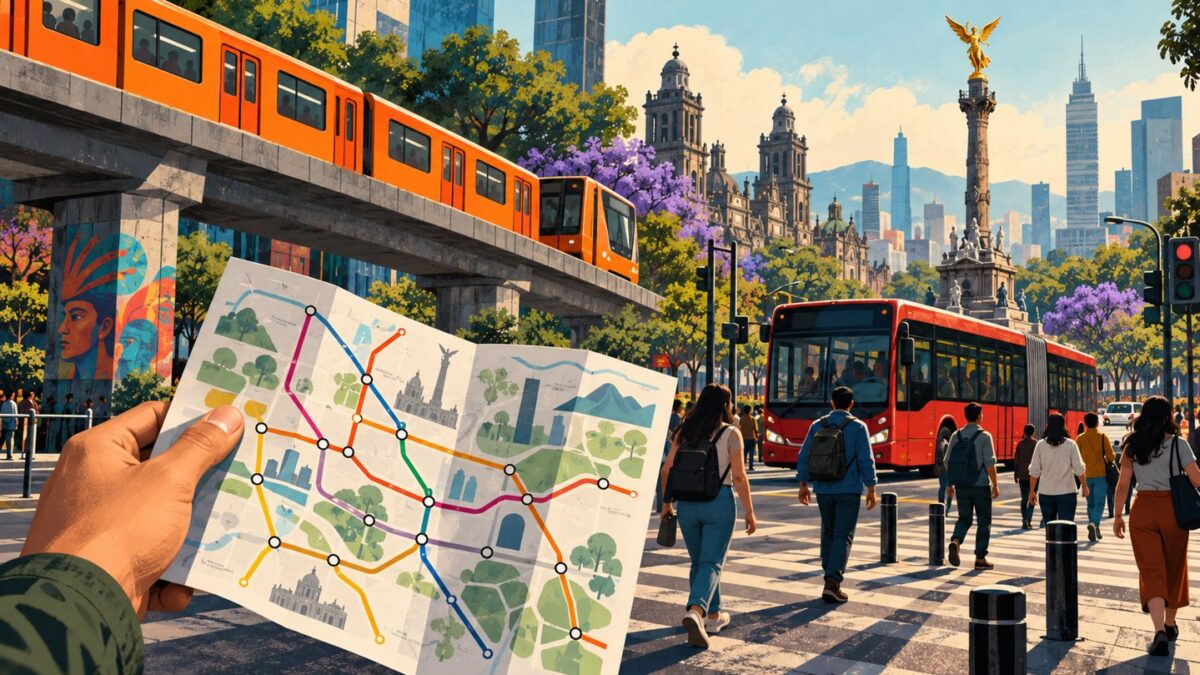 Ilustración conceptual de transporte público, peatones y un plano de recorrido en Ciudad de México.