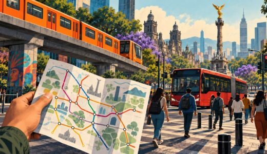 Ilustración conceptual de transporte público, peatones y un plano de recorrido en Ciudad de México.
