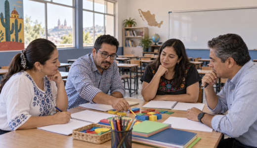 Ilustración generada con IA de docentes que analizan materiales y planean acciones de aprendizaje en un aula.